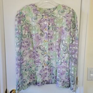 Vintage Kristy Michaels Floral Blouse Pastel Purple Green Metallic Shimmer Sz 14